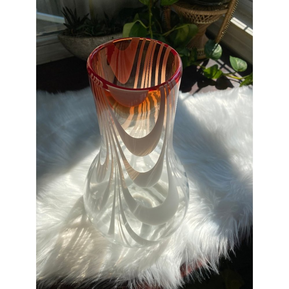 Vintage large art glass orange white swirl “Murano style” vase home decoration